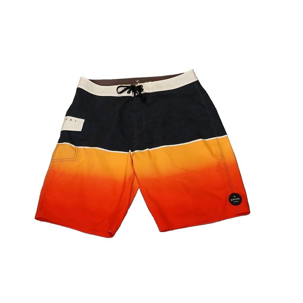 Rip Curl Board Shorts Mens Size 36 Orange Striped Drawstring Swim Trunks Pockets